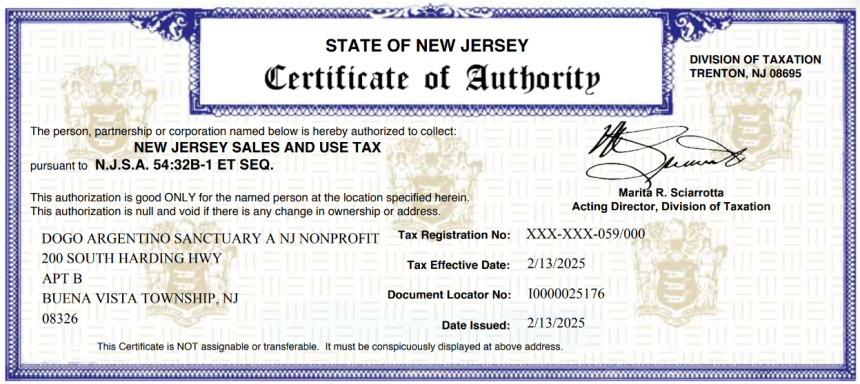 NJ Tax Certificate 